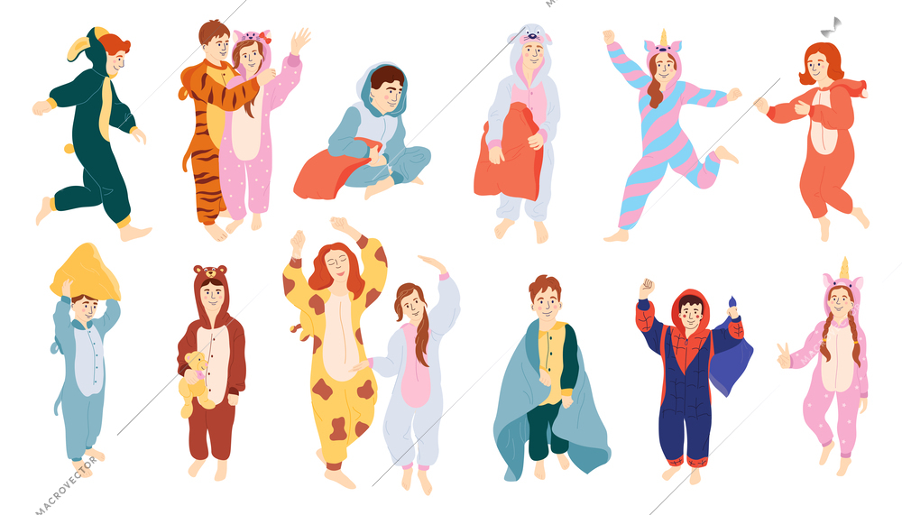 Pyjama party flat icons set with happy kids in kigurumi isolated vector illustration