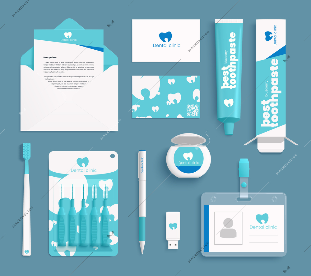 Blue branding kit for dental clinic corporate identity with toothbrush floss toothpaste tube isolated mockups realistic vector illustration