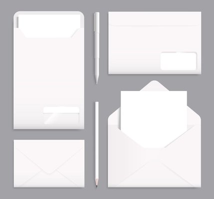 Realistic mock up of opened and taped envelopes with nested sheets of paper isolated on grey background vector illustration