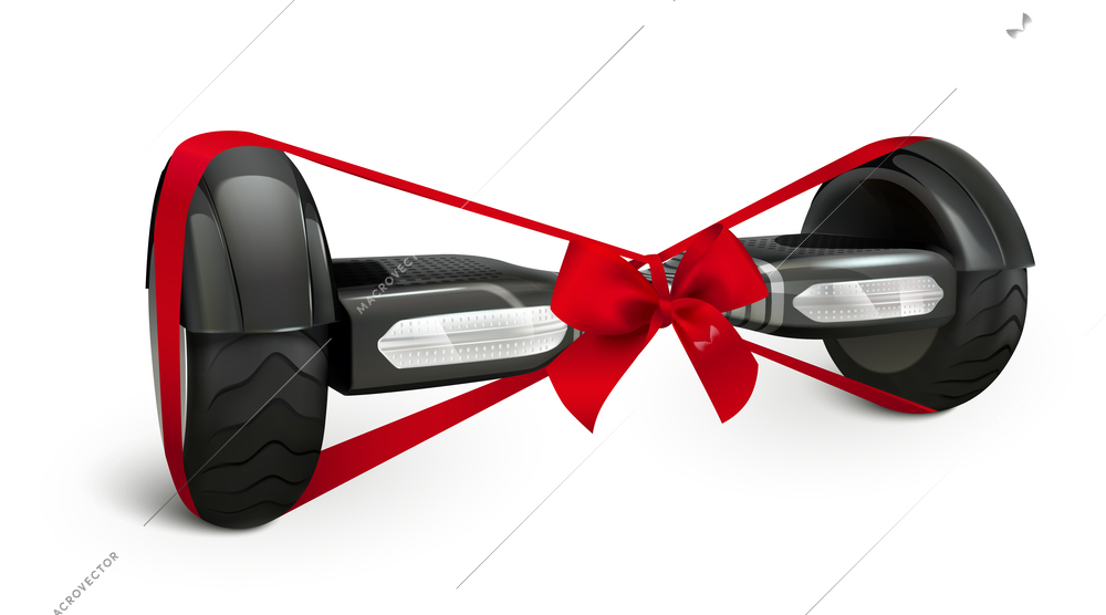 Hoverboard realistic composition with isolated image of modern self balancing scooter tied with festive red ribbon vector illustration