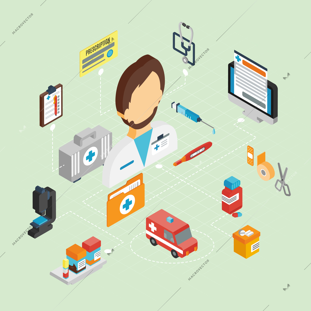 Medical concept with isometric icons set and doctor avatar 3d vector illustration