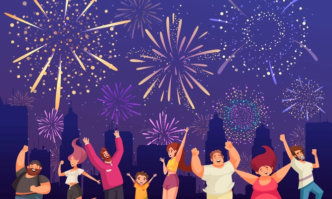 Fireworks cartoon composition with happy people celebrating outdoors vector illustration