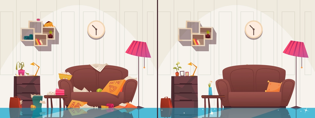 Dirty room before and after cleaning composition cartoon vector illustration