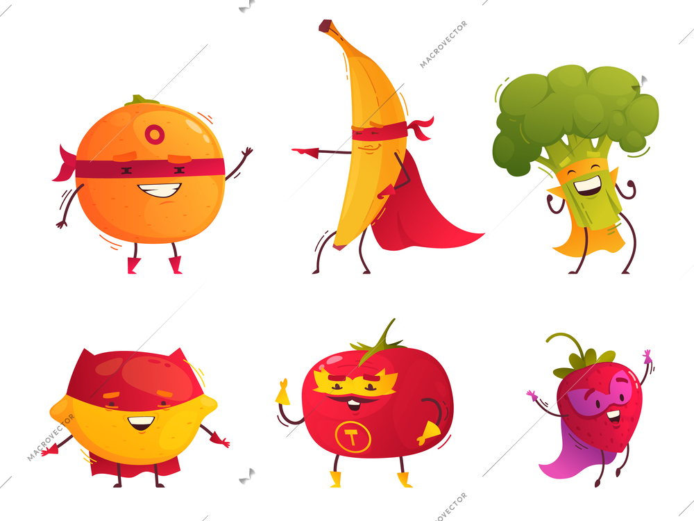 Superhero cartoon icons set with funny fruits and vegetables in super hero costumes isolated vector illustration