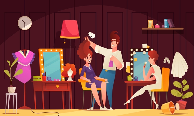 Artist dressing room cartoon composition with actress and makeup artist vector illustration