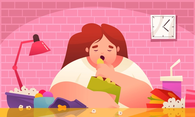 Addicted people cartoon composition with young woman overeating junk food vector illustration