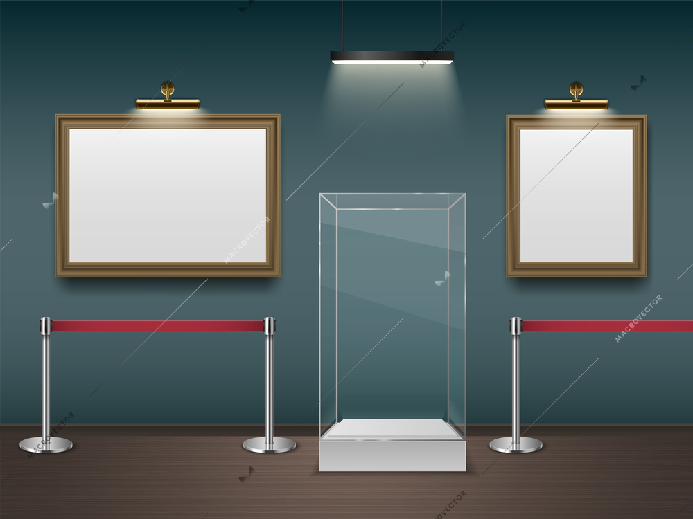 Gallery museum realistic mockup with exhibition picture frames vector illustration