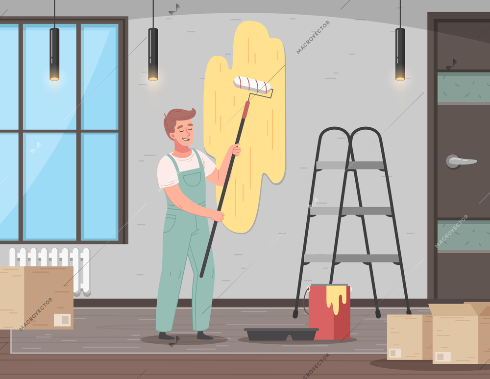 Renovation cartoon concept with male worker painting wall vector illustration