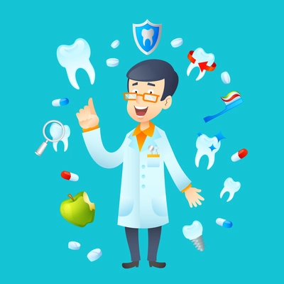 Dentistry concept with dental health instruments and dentist doctor avatar vector illustration