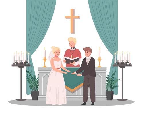 Christian church cartoon scene with priest conducting wedding ceremony vector illustration