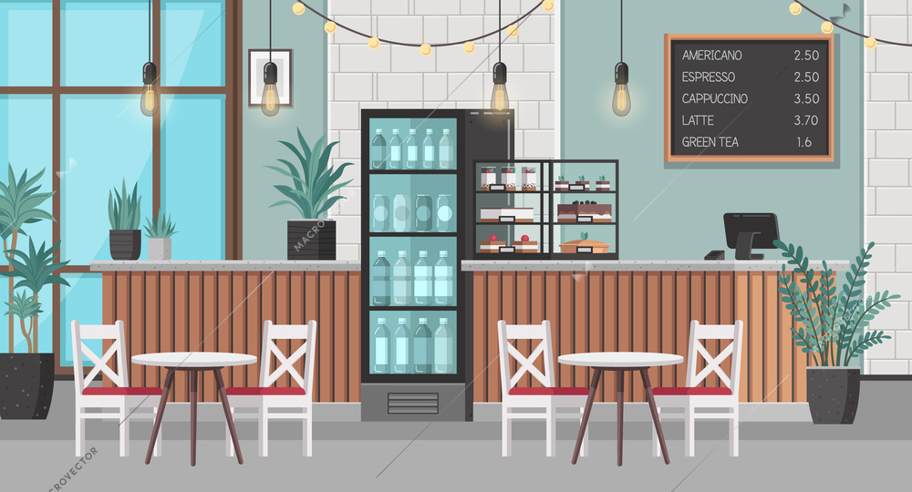 Restaurant interior cartoon with cafe furniture and bottle fridge vector illustration
