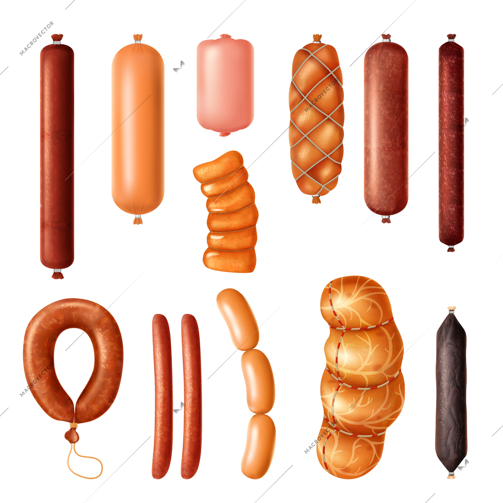 Realistic sausage set with isolated images of various products made of processed meat on blank background vector illustration