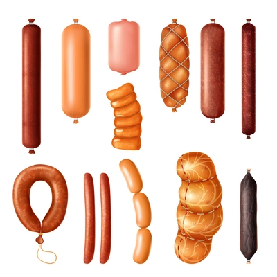 Realistic sausage set with isolated images of various products made of processed meat on blank background vector illustration