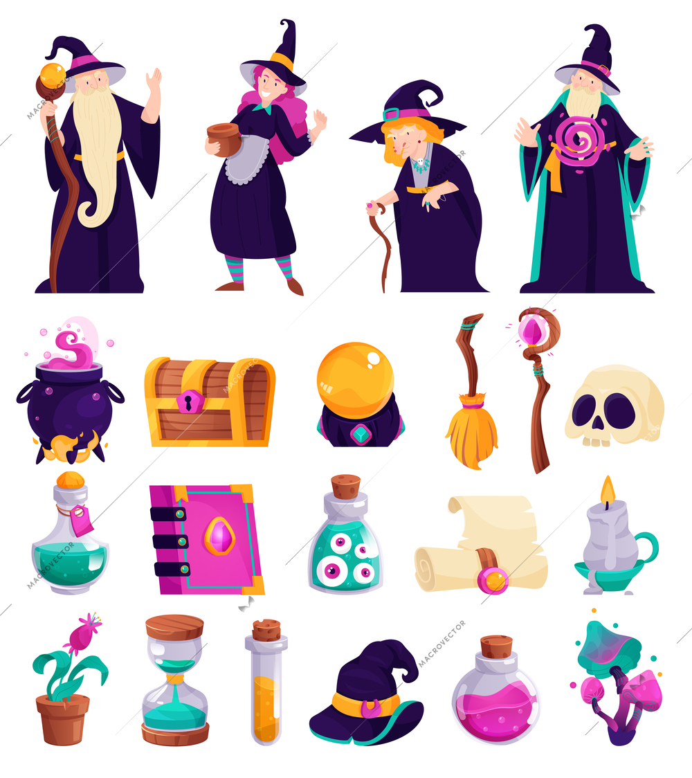 Magic cartoon icons set with wizard and witch accessories isolated vector illustration