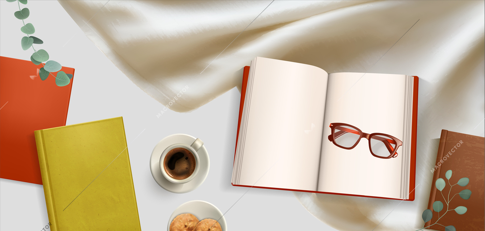 Realistic book lover composition with top view of table cloth with books eyeglasses and coffee cup vector illustration