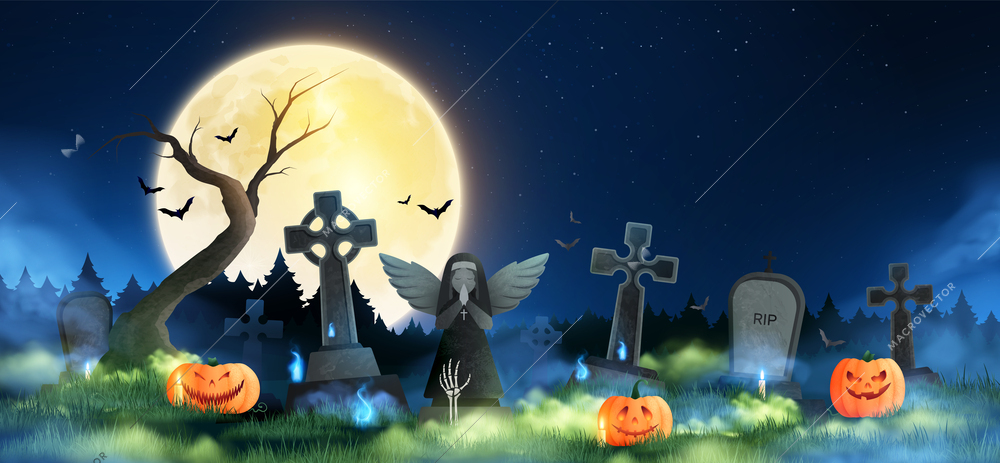 Halloween horizontal night composition with laughing pumpkin near old cemetery gravestones and grave crosses vector illustration