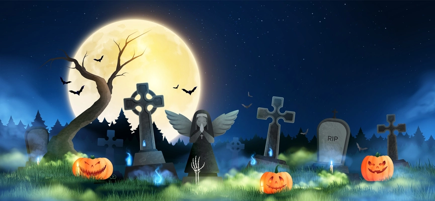 Halloween horizontal night composition with laughing pumpkin near old cemetery gravestones and grave crosses vector illustration