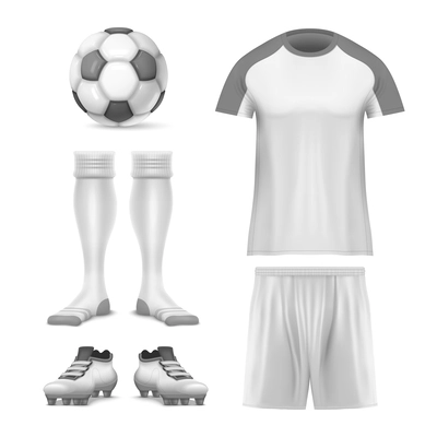 Realistic soccer mockup icon set uniforms and attributes for the soccer player vector illustration