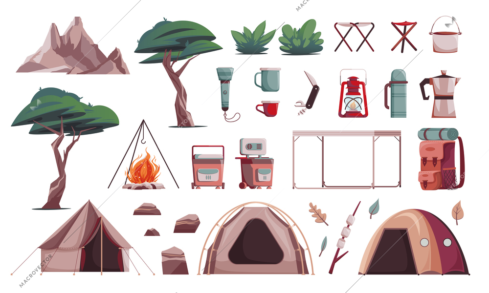 Camping hiking icon set mountains trees flashlight tents campfire and other camping tools vector illustration