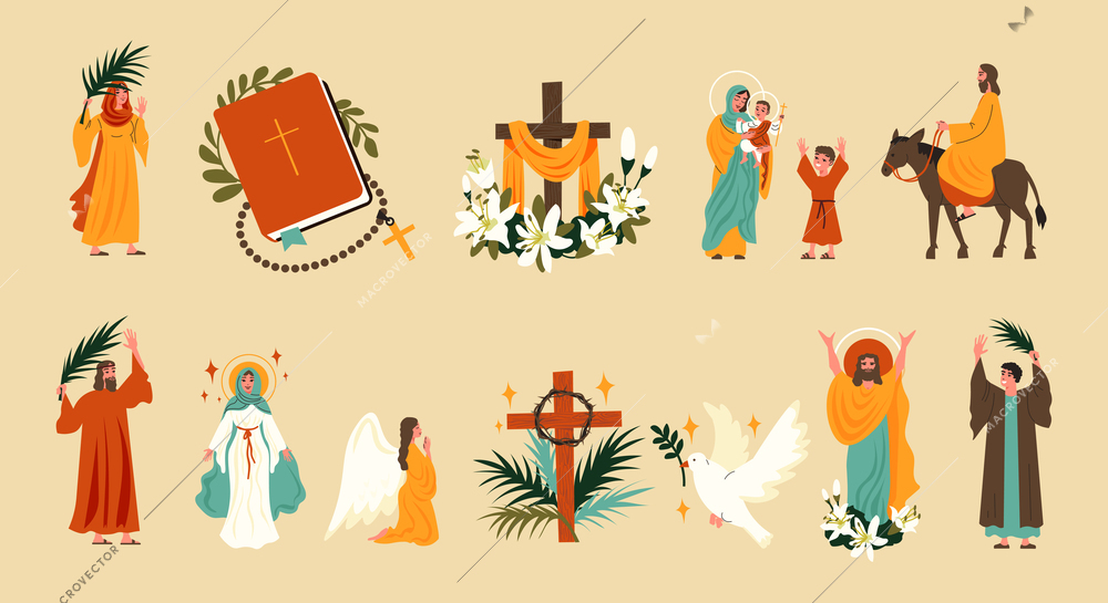 Easter holiday flat icons set with Bible scenes with Jesus Christ and angels isolated vector illustration