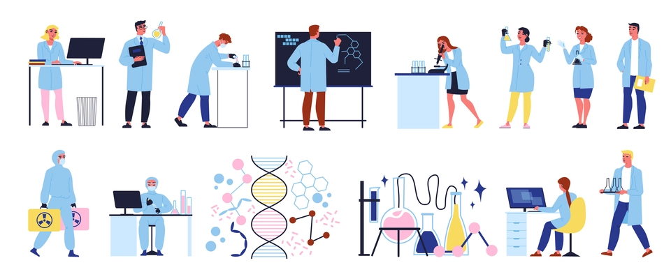 Scientific laboratory flat icons set with scientists in uniform making experiments isolated vector illustration