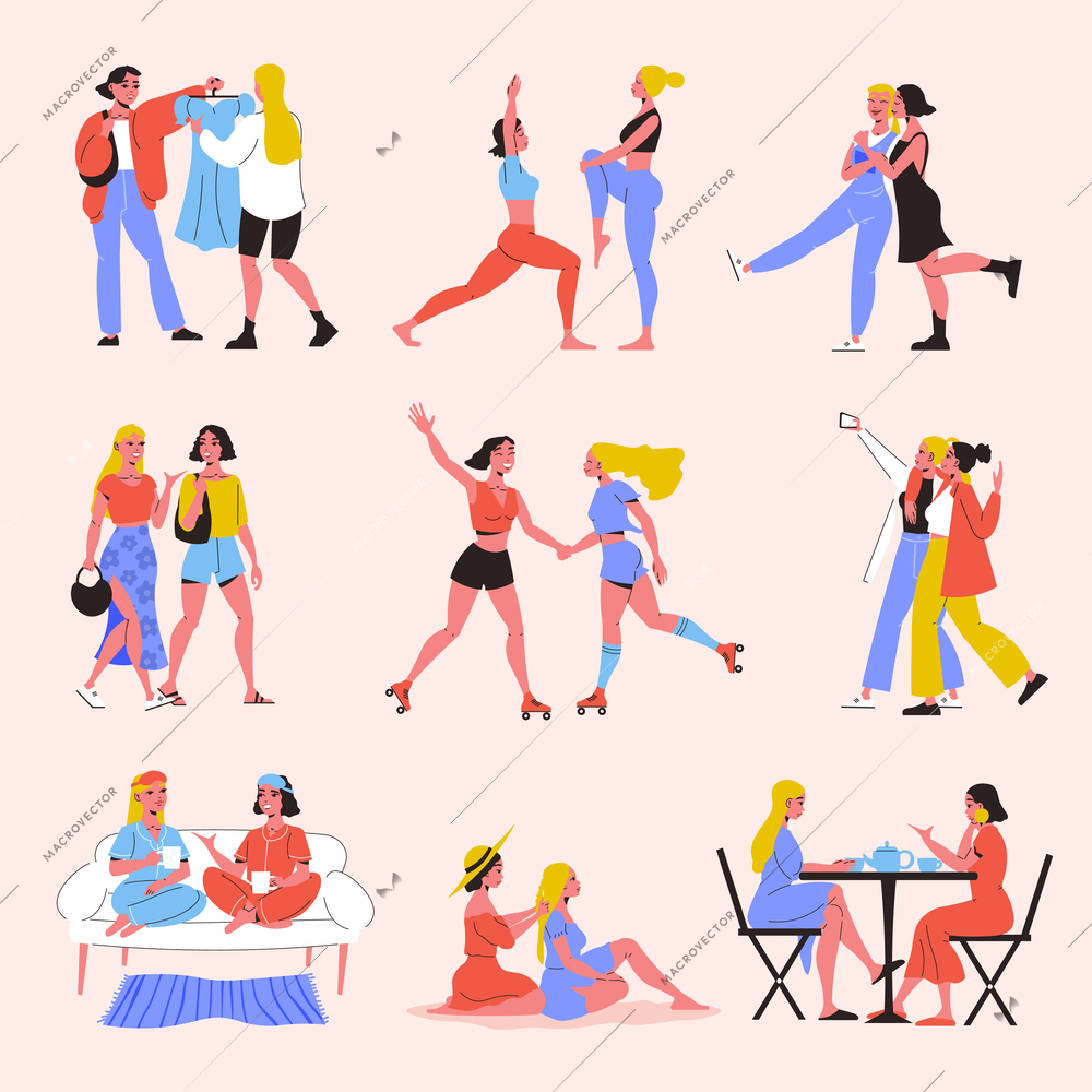 Female friends isolated compositions with young women shopping rolling sporting spending time together flat vector illustration