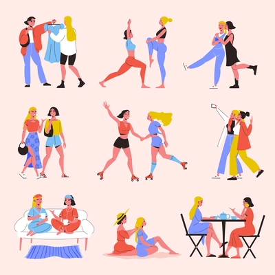 Female friends isolated compositions with young women shopping rolling sporting spending time together flat vector illustration