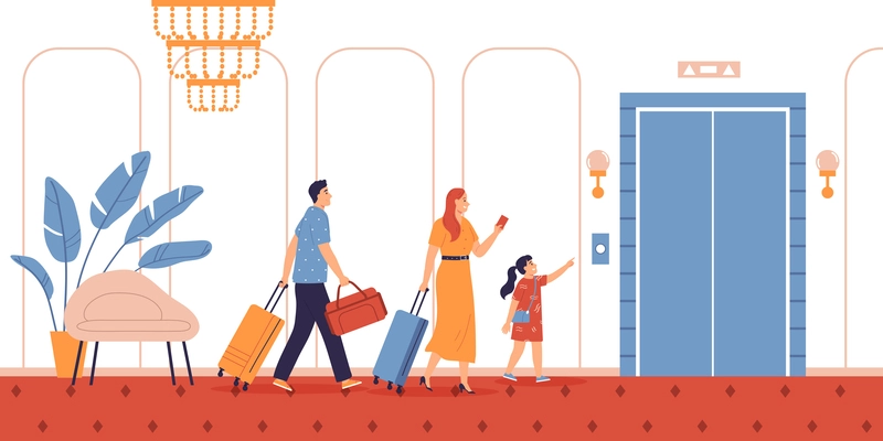 Hotel corridor interior with family going to lift with luggage flat vector illustration