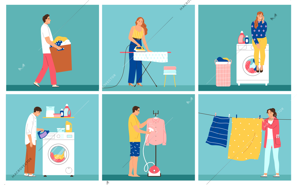 People doing laundry ironing and hanging out clothes flat compositions set on color background isolated vector illustration