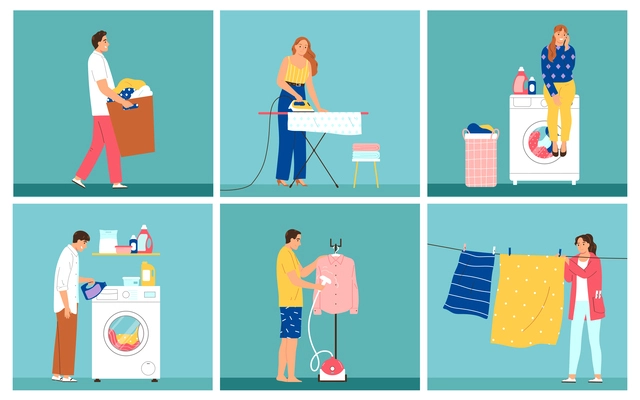 People doing laundry ironing and hanging out clothes flat compositions set on color background isolated vector illustration