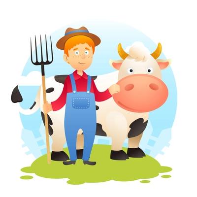 Farmer man with pitchfork and cow in a garden background vector illustration