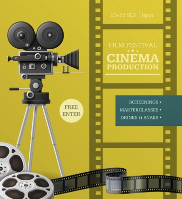 Film festival vertical poster template with camcorder reels and tape on color background realistic vector illustration