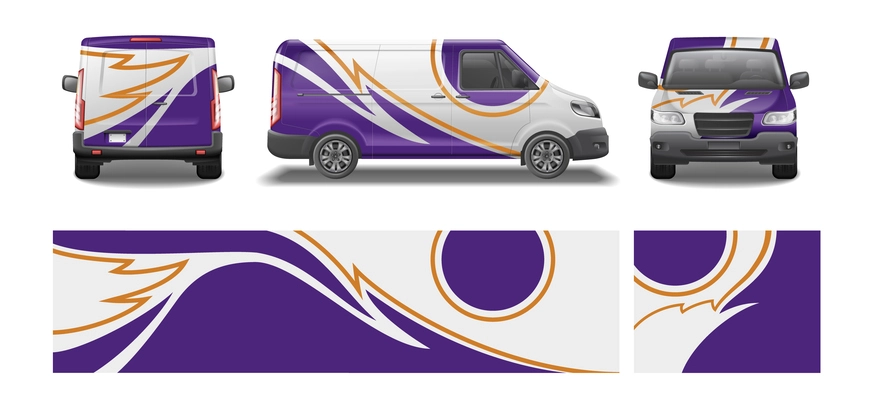 Car van mockup livery wrap design realistic set of violet wings branding and car side views vector illustration