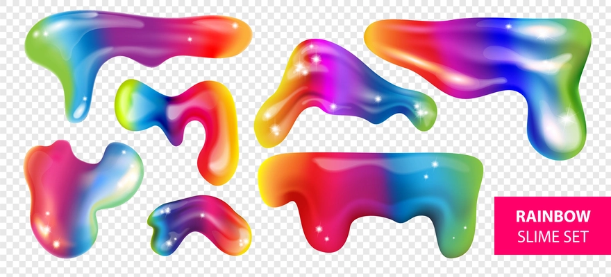 Realistic rainbow glitter slime set with isolated curvy blots of rainbow colored liquid on transparent background vector illustration