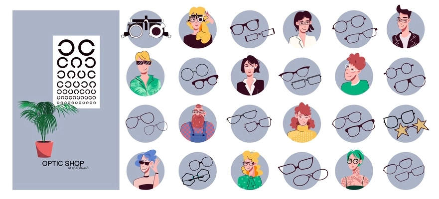 Optic glasses shop set of round compositions with icons of eyeglasses with eye chart and people vector illustration