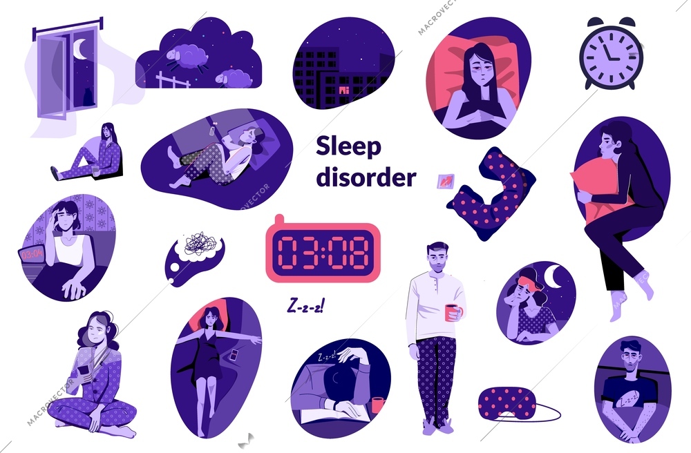 Sleep disorder insomnia set with isolated icons of alarm clocks pillows sleeping masks and sleepy people vector illustration