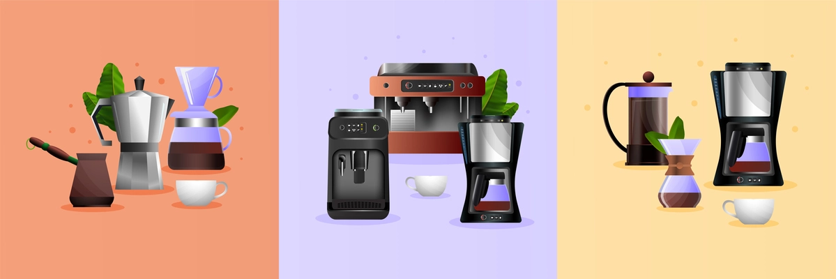 Premium Vector  Coffee machines, french press, cezve, pot, aeropress and  espresso machine. coffee brewing tools, cups and coffee pots vector  illustration set. hot drink coffee element. coffee cup and machine for