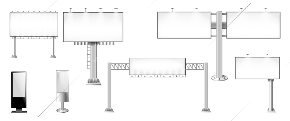 Realistic set of metal poles with blank advertising billboards isolated vector illustration