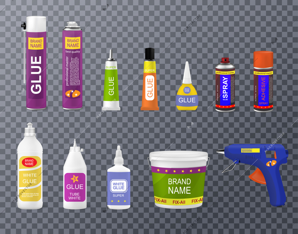 Various types of glue bottles sticks containers with gun realistic set isolated on transparent background vector illustration