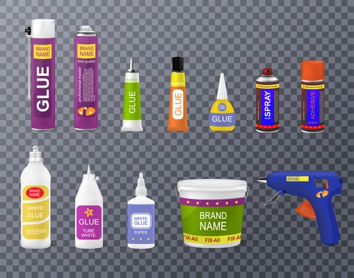 Various types of glue bottles sticks containers with gun realistic set isolated on transparent background vector illustration