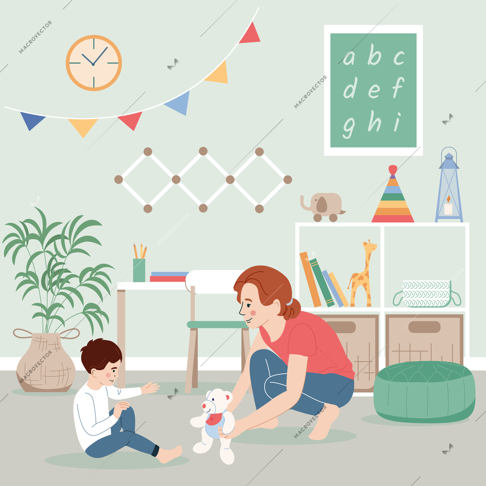 Child psychologist flat concept with boy and female specialist vector illustration