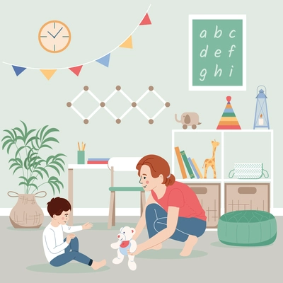 Child psychologist flat concept with boy and female specialist vector illustration