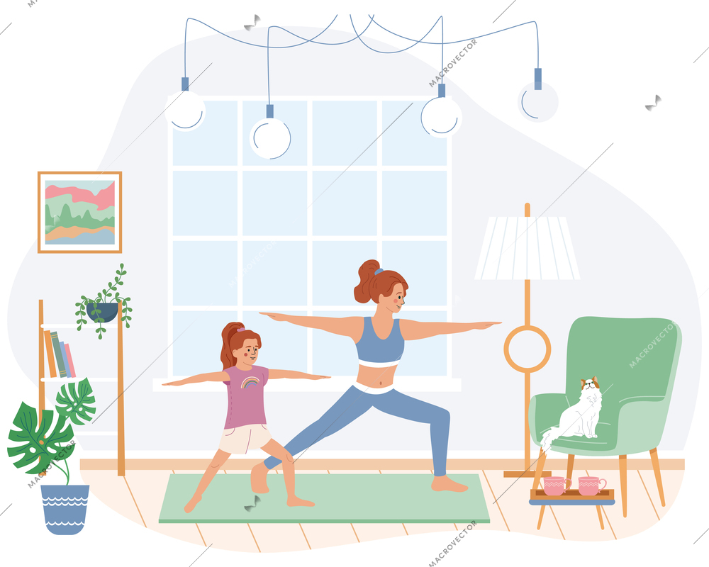 Family morning routine flat composition with mom and daughter doing fitness indoors vector illustration