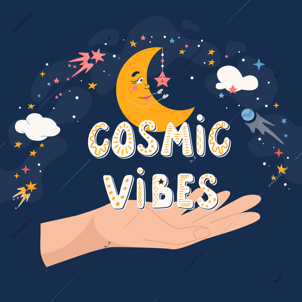 Cartoon moon flat postcard with human hand and cosmic signs vector illustration