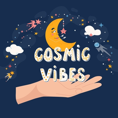 Cartoon moon flat postcard with human hand and cosmic signs vector illustration