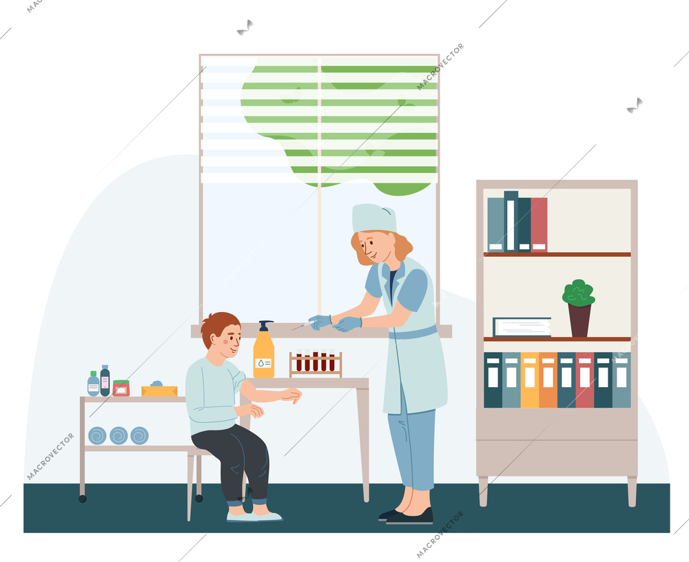 Kids services flat composition with padiatrician making vaccine injection vector illustration