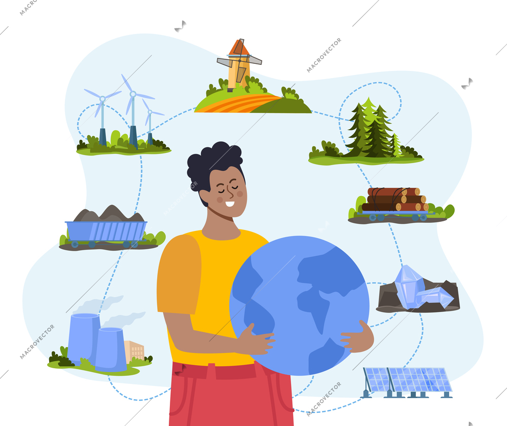 Renewable and nonrenewable world resources design concept with man holding globe surrounded by icons of coal sun panels windmill trees flat vector illustration