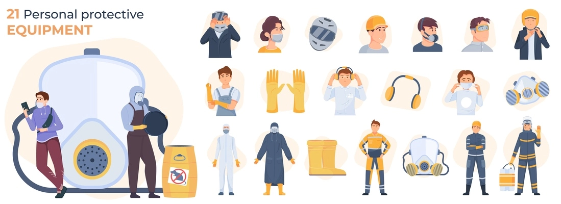 Protective equipment flat composition with headphones respirators rubber gloves and boots protective suits and masks vector illustration