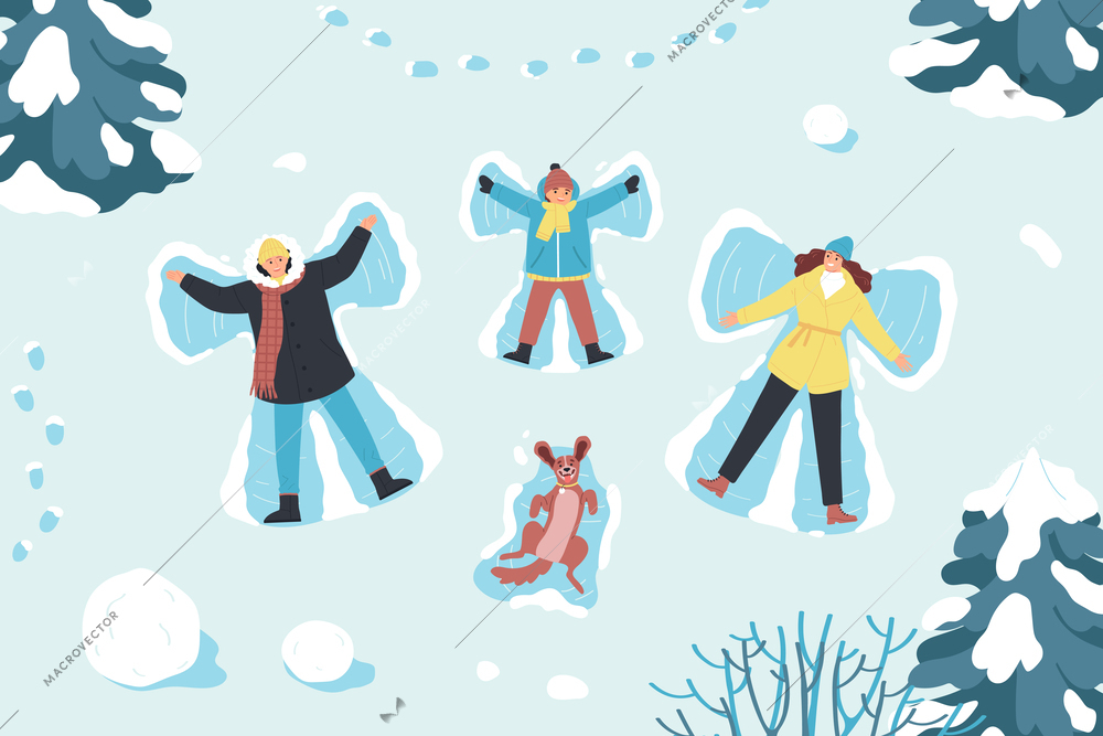Winter holiday flat background with top view of happy family and dog making snow angels vector illustration