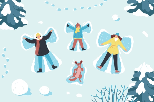 Winter holiday flat background with top view of happy family and dog making snow angels vector illustration